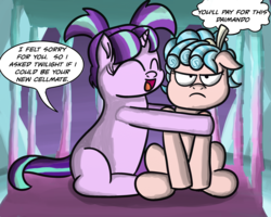 Size: 3000x2400 | Tagged: safe, artist:saburodaimando, cozy glow, starlight glimmer, pegasus, pony, unicorn, g4, age regression, cozy glow is not amused, cruel and unusual punishment, daimando is going to hell, dialogue, female, filly, filly starlight glimmer, fourth wall, high res, hug, pigtails, tartarus, this will end in timeline distortion, younger