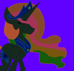 Size: 847x813 | Tagged: safe, artist:dazzlingmimi, princess celestia, alicorn, pony, tumblr:the sun has inverted, g4, betrayed, blue background, blue sun, civil war, color change, darkened coat, disappointed, divided equestria, eyes closed, female, indigo background, invert princess celestia, inverted, inverted colors, inverted princess celestia, purple background, rainbow hair, sad, sadness, sidemouth, simple background, solo, tumblr, violet background