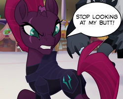Size: 987x803 | Tagged: safe, edit, edited screencap, screencap, tempest shadow, pony, g4, angry, armor, broken horn, butt, eye scar, female, gritted teeth, horn, mare, plot, raised leg, scar, solo, speech bubble, storm guard