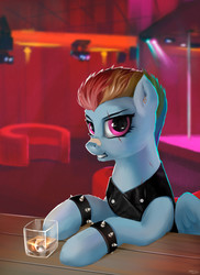 Size: 1400x1920 | Tagged: safe, artist:hardbrony, rainbow dash, pegasus, pony, fanfic:broken toy, g4, alcohol, bandaid on nose, clothes, ear piercing, earring, female, jewelry, looking at you, piercing, punk, scar, solo, spiked wristband, wristband