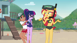 Size: 1920x1080 | Tagged: safe, screencap, sci-twi, sunset shimmer, timber spruce, twilight sparkle, equestria girls, g4, my little pony equestria girls: better together, unsolved selfie mysteries, beach, beach shorts swimsuit, belly, belly button, bikini, bikini babe, cap, clothes, dive mask, female, geode of empathy, geode of shielding, geode of sugar bombs, geode of super speed, geode of super strength, geode of telekinesis, glasses, hat, legs, lifeguard timber, magical geodes, male, midriff, mountain, ponytail, shorts, shrug, sleeveless, snorkel, sunset shimmer's beach shorts swimsuit, swimsuit