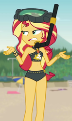 Size: 604x1020 | Tagged: safe, screencap, sunset shimmer, equestria girls, equestria girls series, g4, unsolved selfie mysteries, beach, beach shorts swimsuit, belly button, bikini, clothes, cropped, curvy, dive mask, female, geode of empathy, goggles, magical geodes, midriff, shrug, shrugset shimmer, sleeveless, snorkel, solo, sunset shimmer swimsuit, sunset shimmer's beach shorts swimsuit, swimsuit