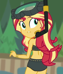 Size: 606x711 | Tagged: safe, screencap, sunset shimmer, equestria girls, g4, my little pony equestria girls: better together, unsolved selfie mysteries, ass, beach shorts swimsuit, bikini, bunset shimmer, butt, clothes, cropped, dive mask, female, looking back, midriff, rear view, sleeveless, snorkel, solo, sunset shimmer swimsuit, sunset shimmer's beach shorts swimsuit, swimsuit