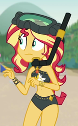 Size: 579x927 | Tagged: safe, screencap, sunset shimmer, equestria girls, g4, my little pony equestria girls: better together, unsolved selfie mysteries, beach, beach shorts swimsuit, belly button, bikini, bracelet, clothes, cropped, dive mask, female, geode of empathy, jewelry, magical geodes, midriff, snorkel, solo, sunset shimmer swimsuit, sunset shimmer's beach shorts swimsuit, swimsuit, wristband