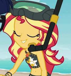 Size: 800x850 | Tagged: safe, screencap, sunset shimmer, equestria girls, equestria girls series, g4, unsolved selfie mysteries, animated, beach shorts swimsuit, belly button, bikini, clothes, cropped, cute, dive mask, female, geode of empathy, gif, magical geodes, midriff, offscreen character, shimmerbetes, snorkel, solo focus, sunset shimmer's beach shorts swimsuit, swimsuit