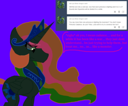 Size: 1155x960 | Tagged: safe, artist:dazzlingmimi, princess celestia, alicorn, pony, tumblr:the sun has inverted, g4, ask, betrayed, blue background, blue sun, civil war, color change, crying, darkened coat, divided equestria, female, green eye, indigo background, invert princess celestia, inverted, inverted colors, inverted princess celestia, purple background, rainbow hair, sad, sadness, sidemouth, simple background, solo, speech bubble, tumblr, violet background, word bubble
