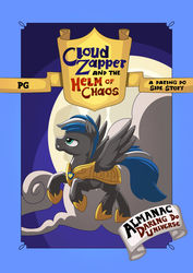 Size: 1024x1448 | Tagged: safe, artist:mysticalpha, oc, oc:cloud zapper, pegasus, pony, comic:cloud zapper and the helm of chaos, armor, cloud, comic, comic cover, flying, full moon, hoof shoes, male, moon, royal guard, stallion