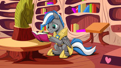 Size: 1280x720 | Tagged: safe, artist:mysticalpha, oc, oc only, oc:cloud zapper, pegasus, pony, armor, book, golden oaks library, guard armor, library, male, reading, royal guard, sitting, solo, stallion