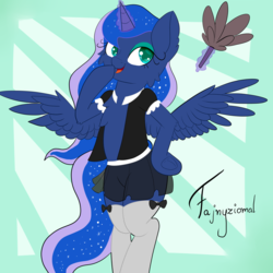 Size: 3000x3000 | Tagged: safe, artist:fajnyziomal, princess luna, pony, semi-anthro, g4, arm hooves, cheek fluff, clothes, commission, female, high res, hoof on hip, maid, solo, ych result