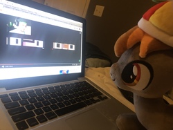 Size: 4032x3024 | Tagged: safe, artist:undeadponysoldier, photographer:undeadponysoldier, button mash, pony, g4, buttonbetes, computer, cute, game, irl, jacksepticeye, laptop computer, photo, plushie, reaction, the narrator is a dick, youtube