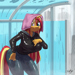 Size: 900x900 | Tagged: safe, alternate version, artist:kevinsano, sunset shimmer, unicorn, anthro, g4, adorasexy, big breasts, breasts, bus stop, busty sunset shimmer, clothes, cute, female, hoodie, jeans, looking at you, mare, multiple variants, pants, rain, sexy, shimmerbetes, smiling, solo, towel, wet, wet clothes
