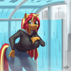 Size: 900x900 | Tagged: safe, alternate version, artist:kevinsano, sunset shimmer, unicorn, anthro, g4, adorasexy, big breasts, breasts, bus stop, busty sunset shimmer, clothes, cute, female, hoodie, jeans, looking at you, mare, multiple variants, pants, rain, sexy, shimmerbetes, smiling, solo, towel, wet mane