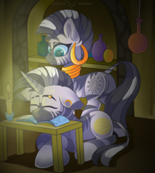Size: 2126x2362 | Tagged: safe, artist:php97, zecora, oc, zebra, zebracorn, g4, book, butt, candle, ear piercing, earring, eyes closed, female, high res, jewelry, male, piercing, plot, quadrupedal, sleeping while sitting, smiling, zebra oc