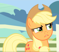 Size: 1083x941 | Tagged: safe, screencap, applejack, earth pony, pony, g4, three's a crowd, cropped, female, mare, narrowed eyes, reaction image, suspicious face
