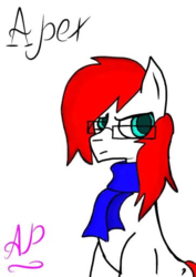 Size: 362x512 | Tagged: safe, artist:absentia pegasus, oc, oc only, oc:apex soundwave, earth pony, pony, clothes, glasses, scarf, simple background, sitting, solo, unamused, watermark, white background