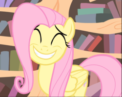 Size: 1178x939 | Tagged: safe, screencap, fluttershy, pegasus, pony, g4, three's a crowd, big smile, cropped, cute, eyes closed, female, folded wings, golden oaks library, grin, mare, shyabetes, smiling, solo, wings