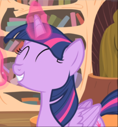 Size: 873x940 | Tagged: safe, screencap, twilight sparkle, alicorn, pony, g4, three's a crowd, cropped, cute, eyes closed, female, folded wings, glowing horn, golden oaks library, horn, mare, smiling, solo, twiabetes, twilight sparkle (alicorn), wings