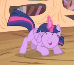 Size: 671x584 | Tagged: safe, screencap, twilight sparkle, alicorn, pony, g4, three's a crowd, cropped, crouching, cute, eyes closed, female, glowing horn, golden oaks library, horn, mare, open mouth, smiling, solo, twiabetes, twilight sparkle (alicorn)