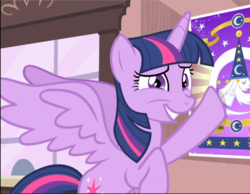 Size: 1211x941 | Tagged: safe, screencap, twilight sparkle, alicorn, pony, g4, three's a crowd, adorkable, big smile, cropped, cute, dork, female, mare, narrowed eyes, poster, smiling, solo, spread wings, twiabetes, twilight sparkle (alicorn), wings