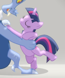 Size: 371x447 | Tagged: safe, screencap, discord, twilight sparkle, alicorn, pony, g4, three's a crowd, bipedal, cropped, dancing, eyes closed, female, shipping fuel, solo focus, standing, standing on one leg, twilight sparkle (alicorn)