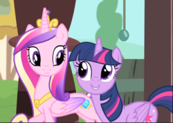 Size: 1310x927 | Tagged: safe, screencap, princess cadance, twilight sparkle, alicorn, pony, g4, three's a crowd, cropped, cute, duo, female, folded wings, looking at each other, sisters-in-law, smiling, twiabetes, twilight sparkle (alicorn), wings