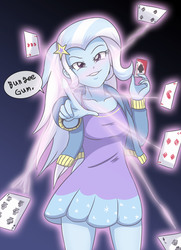 Size: 2479x3424 | Tagged: safe, artist:sumin6301, trixie, equestria girls, g4, anime, blood, card, clothes, crossover, dialogue, dress, female, high res, hisoka morow, hunter x hunter, looking at you, nen, solo, speech bubble
