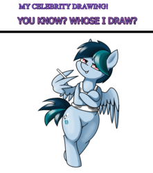 Size: 1472x1668 | Tagged: safe, artist:pencil bolt, oc, oc only, oc:delta vee, pegasus, pony, cigarette, engrish, female, mare, smiling, solo, standing