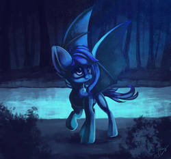 Size: 1280x1194 | Tagged: safe, artist:hagalazka, oc, oc only, bat pony, pony, ambiguous gender, bat wings, pond, raised hoof, solo, spread wings, water, wings