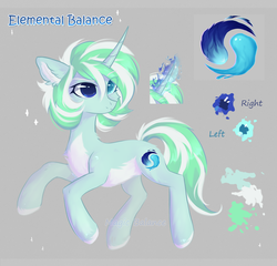 Size: 2000x1920 | Tagged: safe, artist:magicbalance, oc, oc only, oc:elemental balance, pony, unicorn, curved horn, cute, cutie mark, digital art, ear fluff, female, glowing horn, gray background, heterochromia, hooves, horn, lightly watermarked, magic, mare, reference sheet, simple background, smiling, solo, watermark