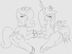 Size: 1090x809 | Tagged: source needed, safe, artist:c0pter, princess cadance, queen chrysalis, alicorn, changeling, changeling queen, pony, g4, butt, duo, female, monochrome, plot, sketch