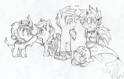 Size: 6483x4145 | Tagged: safe, artist:foxtrot3, earth pony, kirin, pegasus, pony, seapony (g4), unicorn, boop, clothes, cute, drink hat, hat, mutual booping, shoes, traditional art