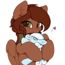Size: 5000x5000 | Tagged: safe, artist:ritter, oc, oc only, oc:ritter, oc:snowdrop, pegasus, pony, blushing, clothes, cute, ear fluff, female, filly, heart, heart eyes, hug, looking at you, mare, ocbetes, scarf, simple background, smiling, white background, wingding eyes