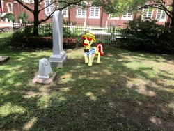 Size: 4032x3024 | Tagged: safe, gameloft, photographer:undeadponysoldier, flam, flim, pony, unicorn, g4, augmented reality, creepy, gravestone, implied death, irl, photo, relaxing, we are going to hell