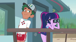Size: 1920x1080 | Tagged: safe, screencap, sci-twi, timber spruce, twilight sparkle, equestria girls, g4, my little pony equestria girls: better together, unsolved selfie mysteries, :>, arm behind back, cap, clothes, eyes on the prize, female, hat, lifeguard timber, male, ponytail, sci-twi swimsuit, shipping, shorts, sleeveless, smiling, straight, swimsuit, timbertwi