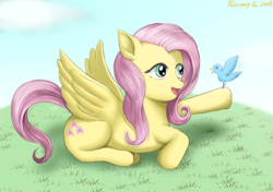 Size: 1191x839 | Tagged: safe, artist:タツオ, fluttershy, bird, pegasus, pony, g4, female, mare, solo