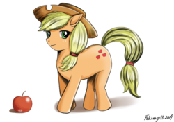 Size: 1191x839 | Tagged: safe, artist:タツオ, applejack, earth pony, pony, g4, apple, female, food, mare, solo