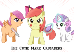 Size: 1191x839 | Tagged: safe, artist:タツオ, apple bloom, scootaloo, sweetie belle, earth pony, pegasus, pony, unicorn, g4, bow, cutie mark crusaders, female, filly, magic, trio