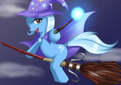 Size: 1191x839 | Tagged: safe, artist:タツオ, trixie, pony, unicorn, g4, broom, brown eyes, cape, clothes, female, flying, flying broomstick, hat, mare, solo, trixie's cape, trixie's hat, wand, wrong eye color