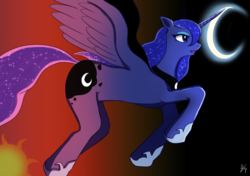 Size: 1191x839 | Tagged: safe, artist:タツオ, princess luna, alicorn, pony, g4, crescent moon, ethereal mane, female, hoof shoes, mare, moon, solo, starry mane