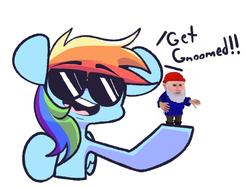 Size: 1003x754 | Tagged: safe, artist:sourspot, rainbow dash, gnome, pony, g4, female, mare, noggin clontith, simple background, smiling, solo, sunglasses, you've been gnomed