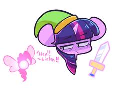Size: 1076x792 | Tagged: safe, artist:sourspot, pinkie pie, twilight sparkle, pony, g4, crossover, female, hat, head only, hey listen, link, mare, navi, simple background, sword, the legend of zelda, weapon