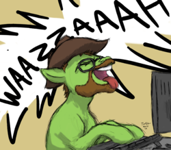 Size: 2000x1750 | Tagged: safe, artist:trefoiler, derpibooru exclusive, oc, oc only, earth pony, pony, beard, computer, cowboy hat, facial hair, glasses, hat, male, simple background, sketch, solo, stallion, tongue out, wassup
