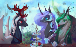 Size: 6727x4104 | Tagged: safe, artist:rocy canvas, nightmare moon, queen chrysalis, oc, oc:begasus, alicorn, changeling, changeling queen, pony, g4, antlers, changeling queen oc, female, flower, happy birthday, lesbian, looking at each other, mare, moon, rose, ship:chrysmoon, shipping, smiling