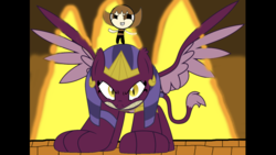 Size: 1334x750 | Tagged: safe, artist:dashiesparkle, artist:undeadponysoldier, sphinx (character), oc, oc:nick, sphinx, badass, could be better, epic, fire, pet, say hello to my little friend, temple