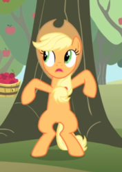 Size: 390x550 | Tagged: safe, screencap, applejack, earth pony, pony, g4, simple ways, apple, apple tree, bipedal, cropped, female, food, mare, open mouth, sneaking, solo, tree