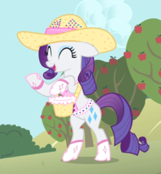 Size: 673x727 | Tagged: safe, screencap, rarity, pony, unicorn, g4, simple ways, apple tree, bipedal, boots, clothes, cropped, cute, eyes closed, female, floppy ears, hat, mare, open mouth, raribetes, rhinestone rarihick, shoes, smiling, solo, tree