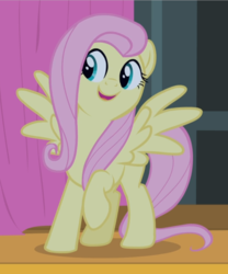 Size: 771x926 | Tagged: safe, screencap, fluttershy, pegasus, pony, filli vanilli, g4, cropped, cute, female, flutterguy, happy, looking at something, mare, open mouth, raised hoof, shyabetes, smiling, spread wings, wings