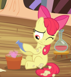 Size: 870x937 | Tagged: safe, screencap, apple bloom, earth pony, pony, g4, twilight time, bow, cropped, female, filly, flower pot, golden oaks library, hair bow, messy, one eye closed, potion, potion making, sitting, smoke, solo, underhoof