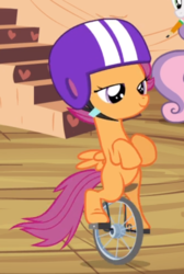 Size: 431x641 | Tagged: safe, screencap, scootaloo, sweetie belle, pegasus, pony, unicorn, g4, twilight time, cropped, female, filly, golden oaks library, helmet, lidded eyes, offscreen character, riding, smiling, solo focus, unicycle