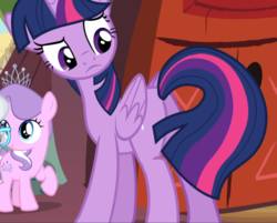 Size: 1168x937 | Tagged: safe, screencap, diamond tiara, silver spoon, twilight sparkle, alicorn, earth pony, pony, g4, twilight time, butt, cropped, female, filly, foal, golden oaks library, looking at something, mare, offscreen character, plot, raised eyebrow, solo focus, twilight sparkle (alicorn)